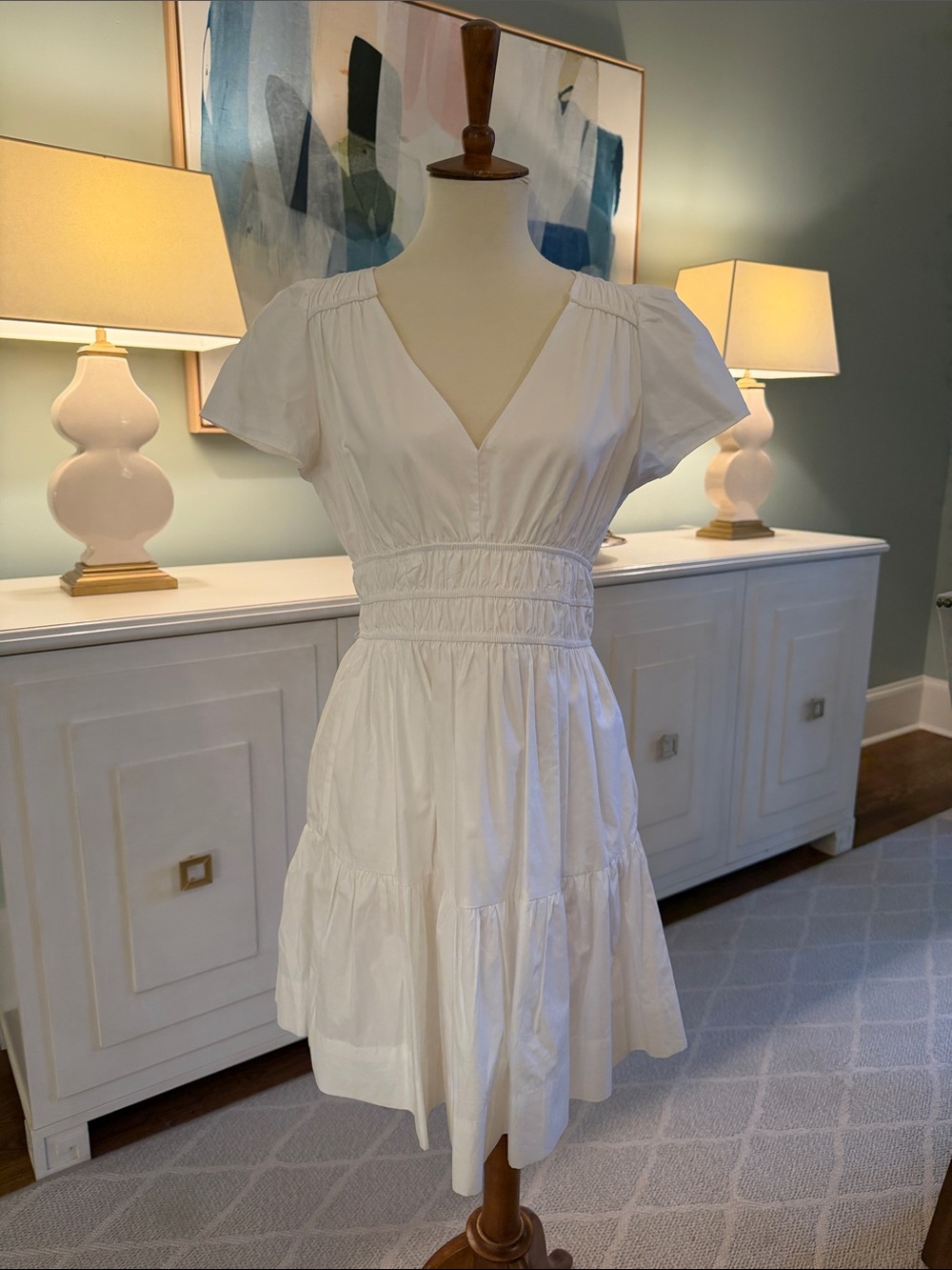 MAREA White V-Neck Smocked Waist Tiered Dress